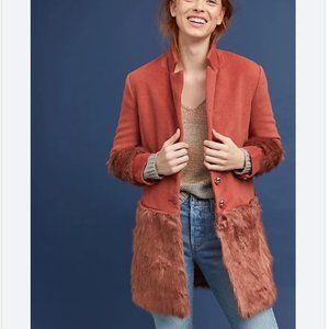 Anthropologie Faux Fur-Trimmed Tailored Coat Orange szS NWT